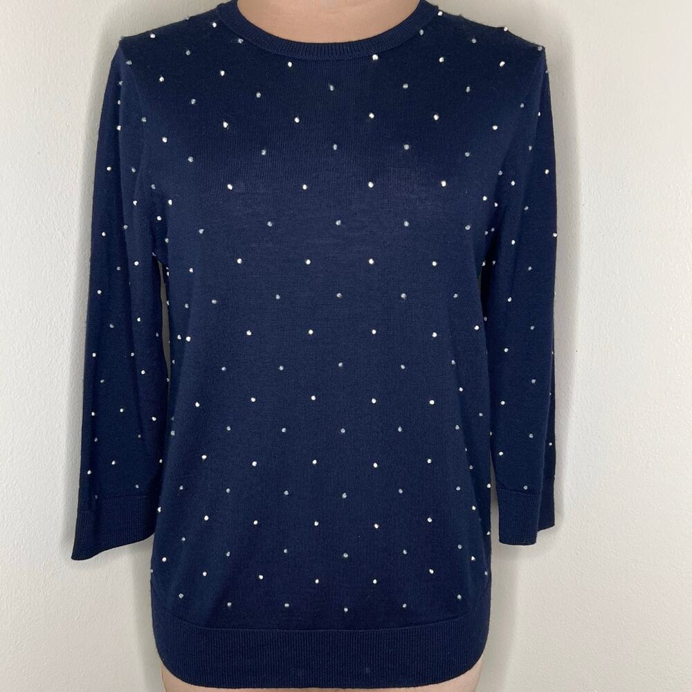 J.Crew Wool Sweater Medium Womens Navy Blue Embroidered Polka Dot Knit Keyhole